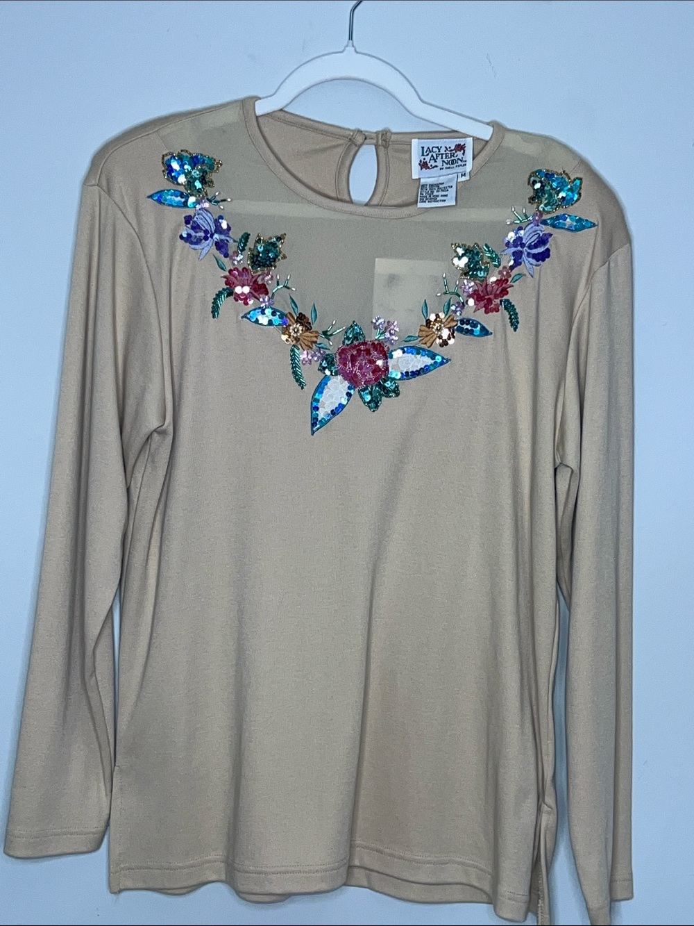 Vtg Lacy After Noon Shell Kepler Beige Embellished Sequin Long Sleeve NWT